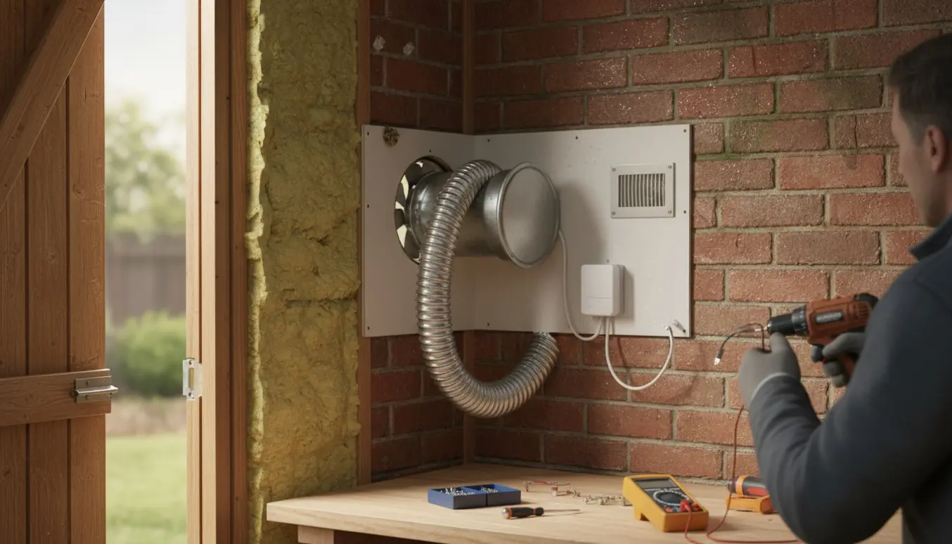 Fugtstyret elektrisk ventilator monteres i et fugtigt, isoleret skur med synlig kondens på væggene.