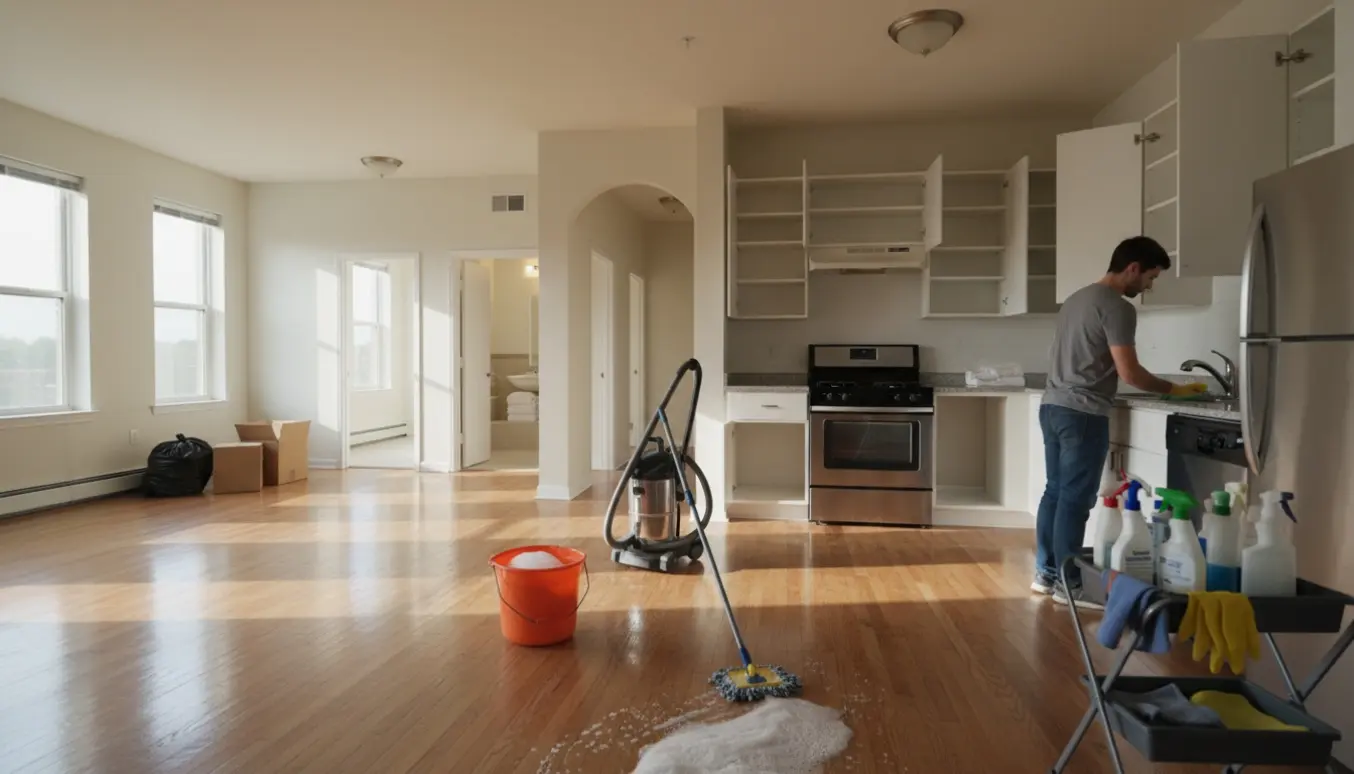 Ren, lys treværelses lejlighed under fraflytningsrengøring med rengøringsudstyr i forgrunden.
