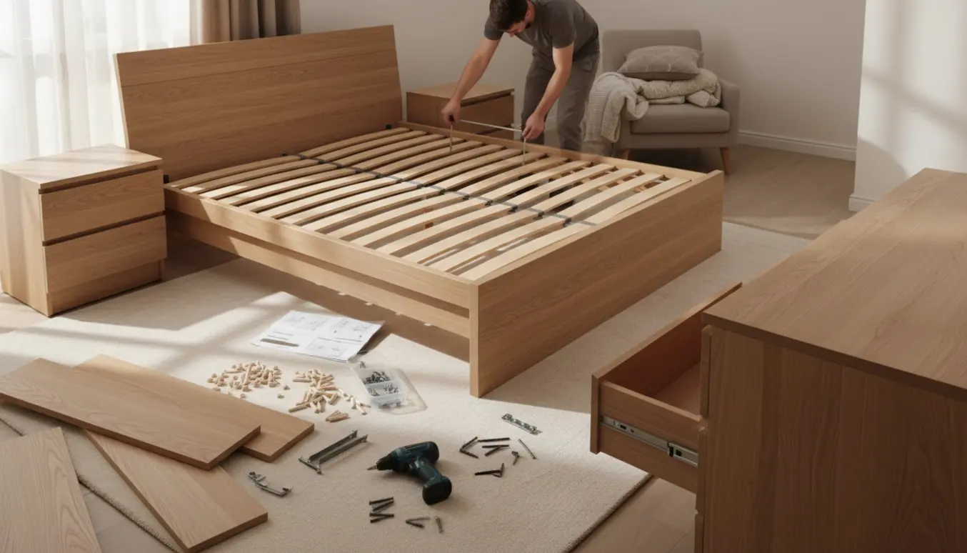 Delvist samlet dobbeltseng omgivet af to natborde, en kommode og værktøj i et lyst soveværelse.