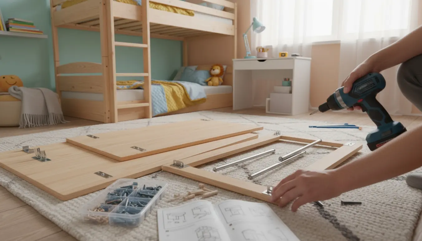 Delvist samlet køjeseng og skrivebord i et børneværelse set i naturligt morgenlys.