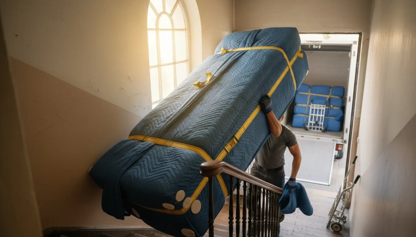 To flyttemænd bærer en 140 cm boxmadras ned ad en trappe med flyttetæpper og en åben flyttebil udenfor.