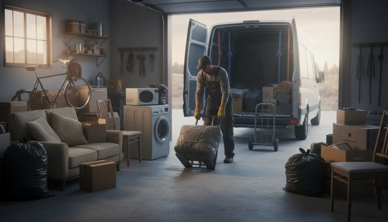 En åben garage hvor en person læsser forskelligt storskrald ind i en varevogn.