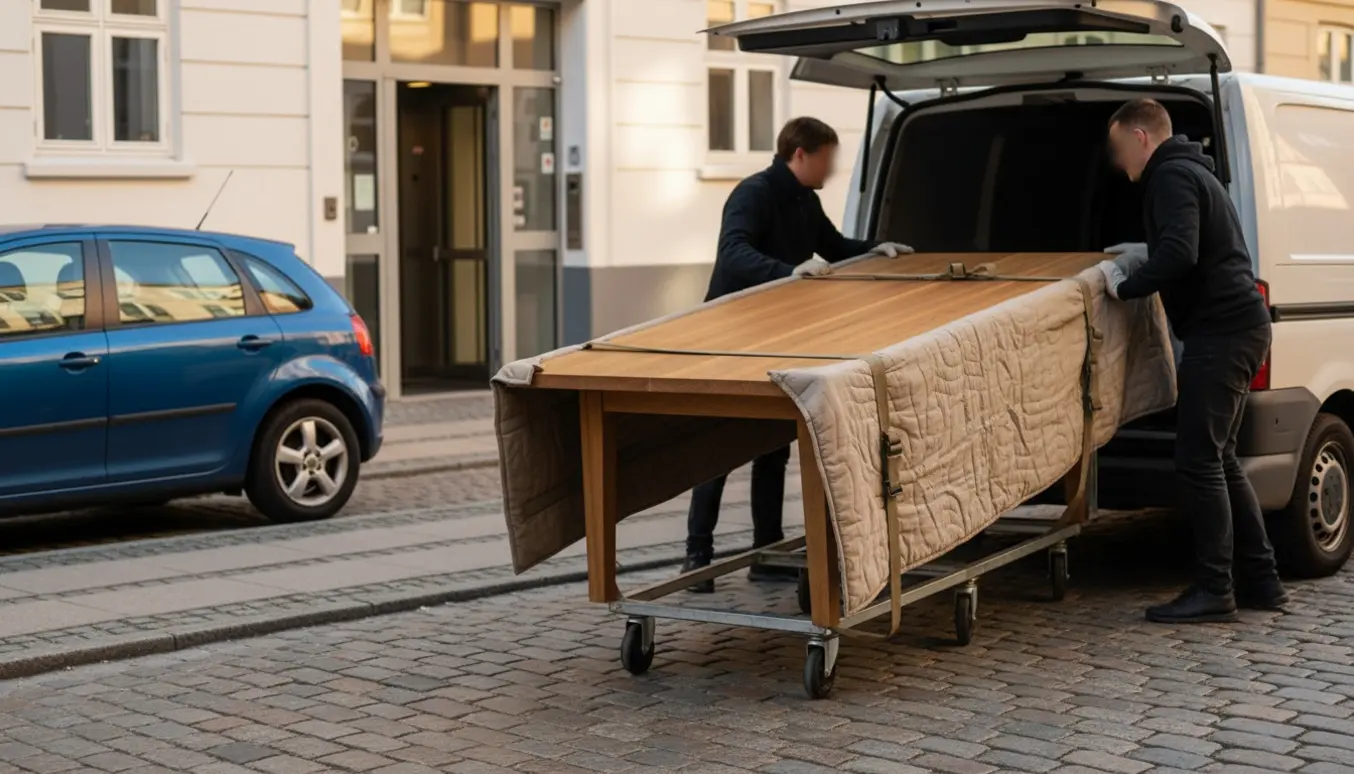 Et træspisebord bliver båret på en dolly og lastet ind i en varebil foran en lejlighedsbygning.