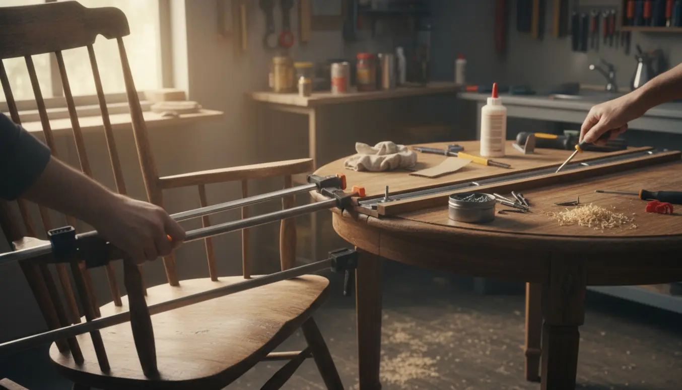 Nærbillede af reparation af en gammel gyngestol med lim og skruer ved siden af et rundt bord med beskadiget udtræksmekanisme.