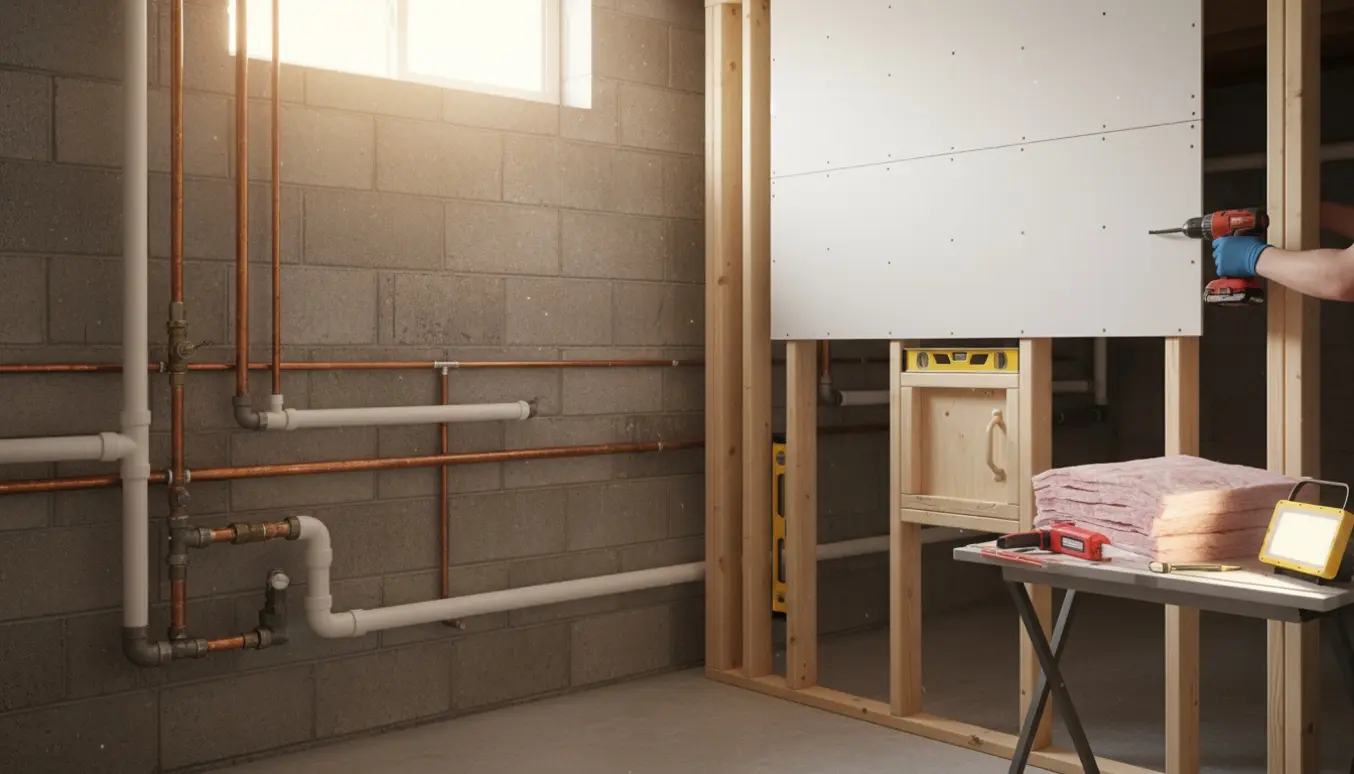 Handskeklædte hænder monterer gipsplader for at skjule synlige rør i en lys og ryddelig kælder.