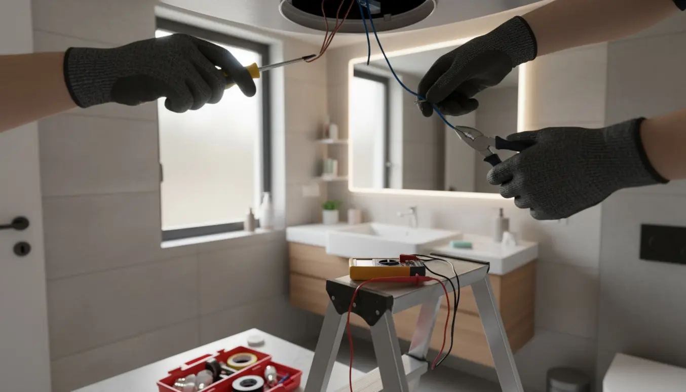 Hænder i handsker reparerer en afdækket loftslampe i et badeværelse med værktøj og multimeter i nærheden.