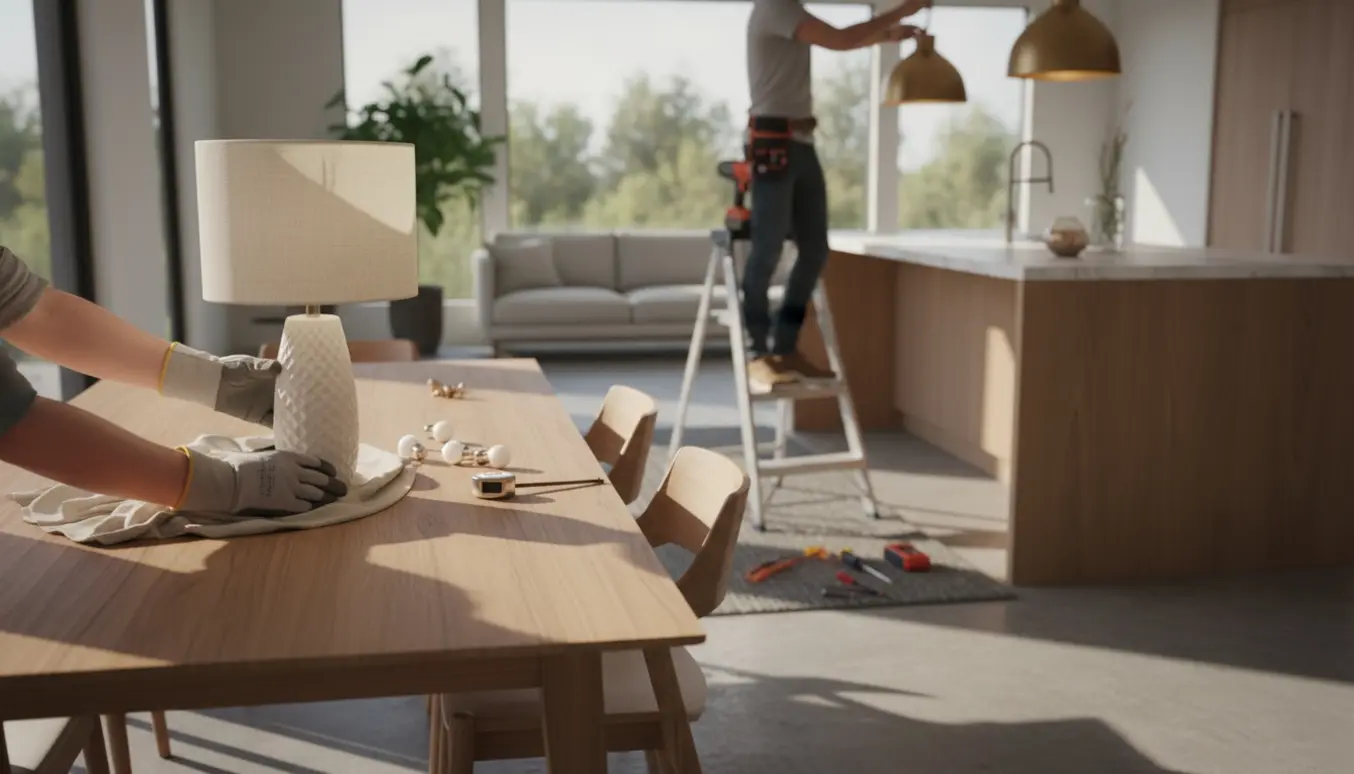 Installation af pendel over køkkenø og placering af bordlampe på spisebord i lyst hjem.