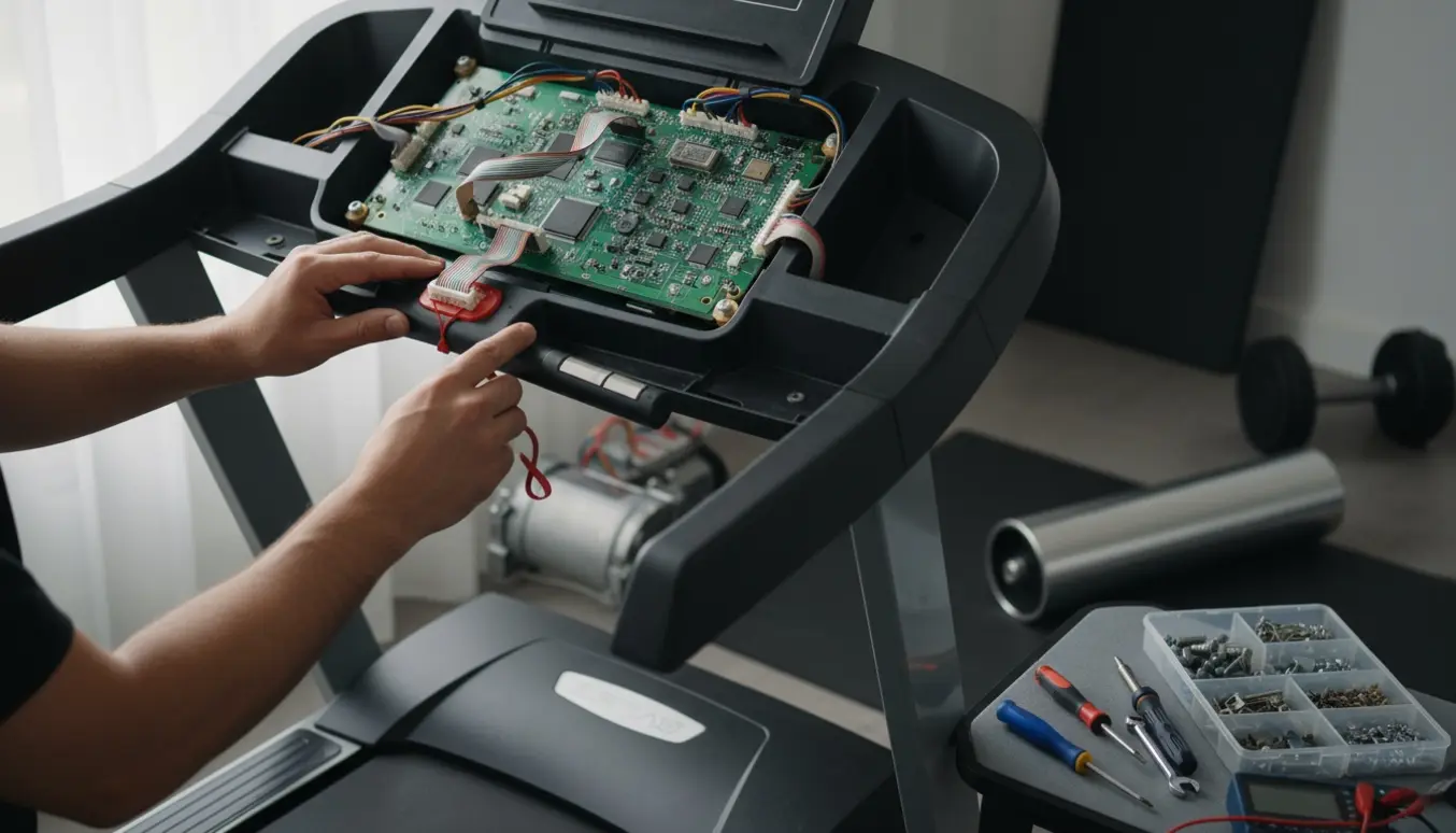Teknikerhænder reparerer et åbent løbebånds kontrolpanel med værktøj og reservedele i et lyst hjemmefitnessrum.