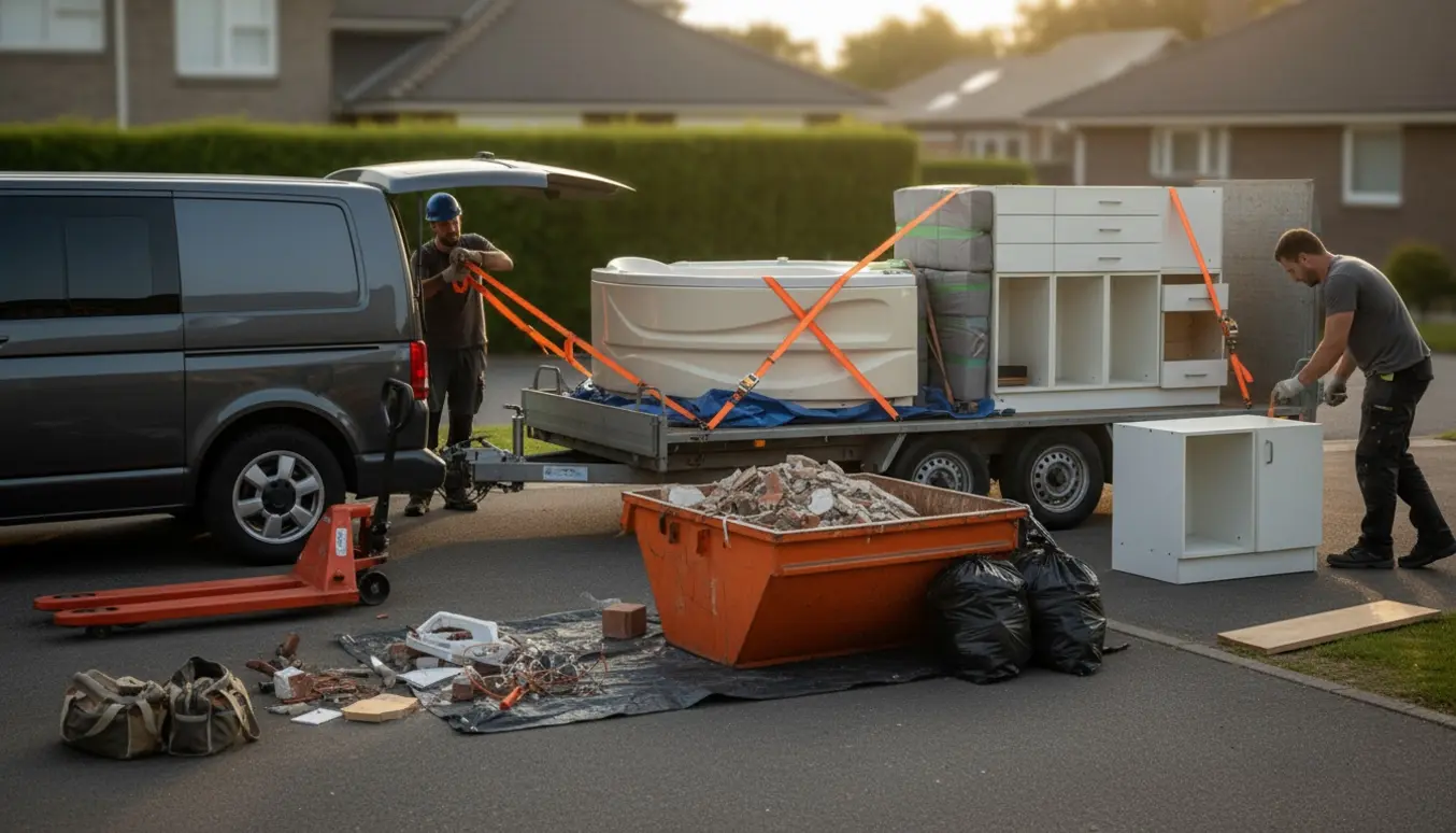 Åben varevogn og trailer læsset med spabad, stablede køkkenmoduler, murbrokker og poser med småaffald på en indkørsel.