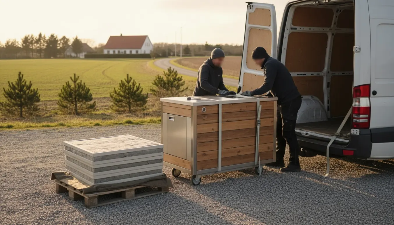 Udekøkken og plader læsses forsigtigt i en varevogn på en grusvej i Nordsjællands landskab.