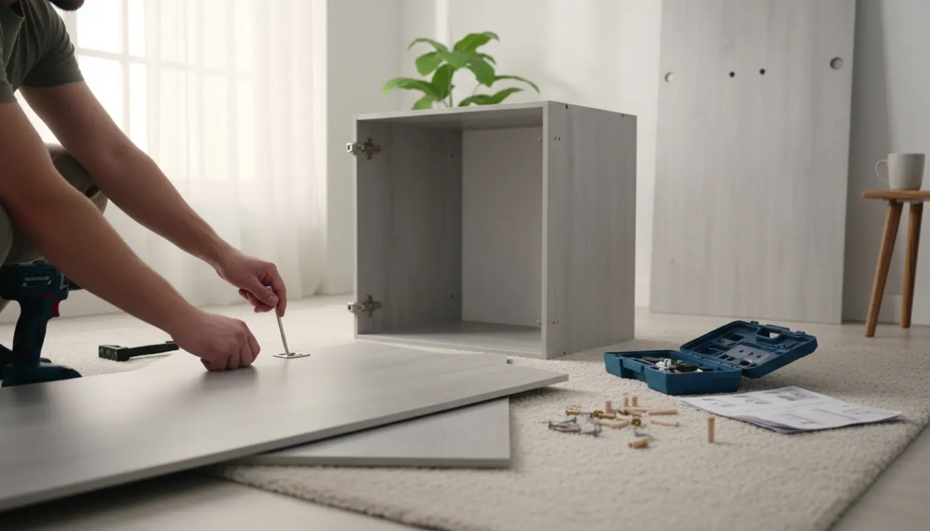 Hænder samler et grå-hvidt fladpakket garderobeskab i en lys stue.