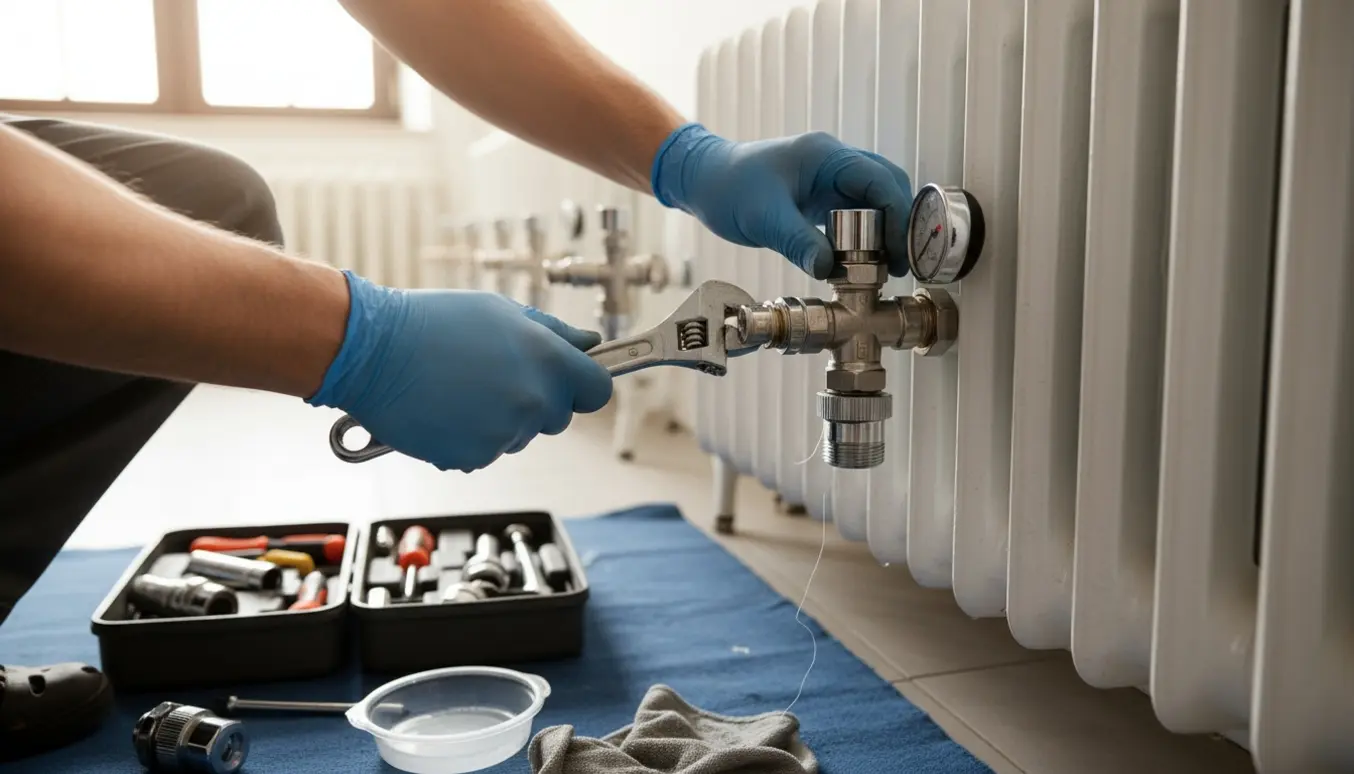 Hænder udskifter en termostatventil og monterer et termometer på en radiator med værktøj ved siden af.