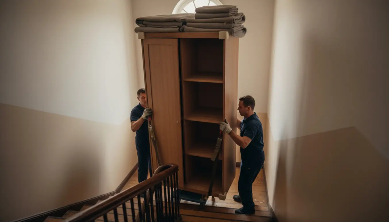 To flyttefolk bærer et tungt træskab op ad en lejlighedstrappe, med skuffer og toppanel fjernet og pakket på landingen.