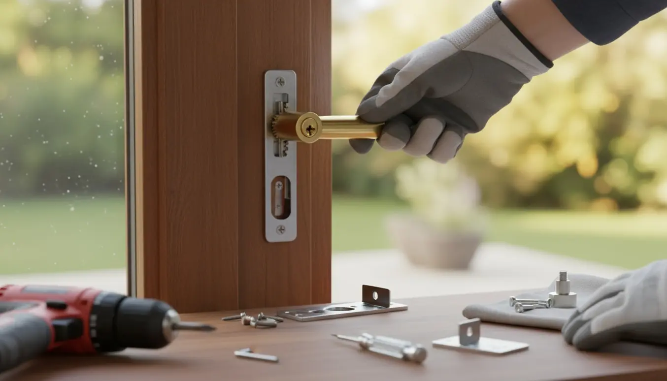Nærbillede af hænder, der skifter lås i kanten af en terrassedør med ny cylindernøgle og værktøj.