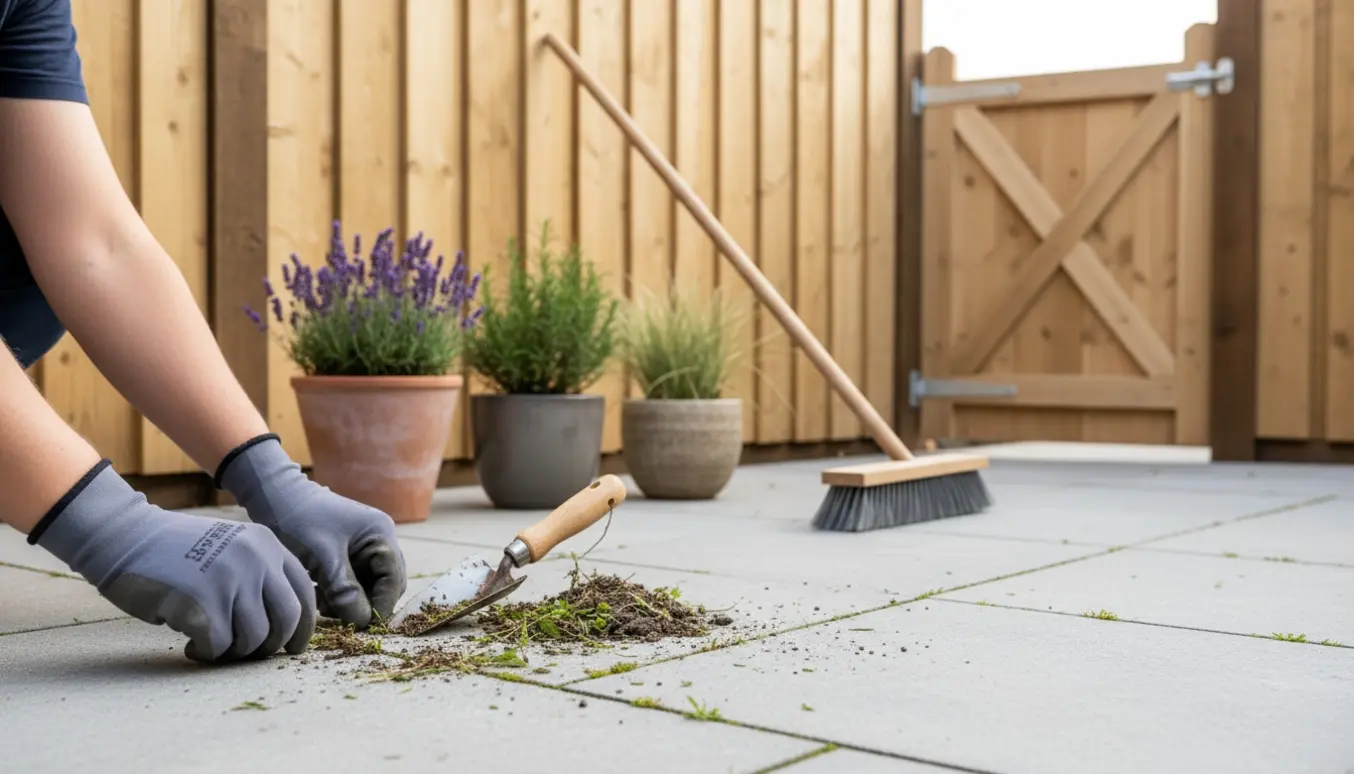 Nærbillede af hands-on rengøring af terrasse med ukrudt mellem fliser, nyt 180 cm hegn og nye krukker i baggrunden.