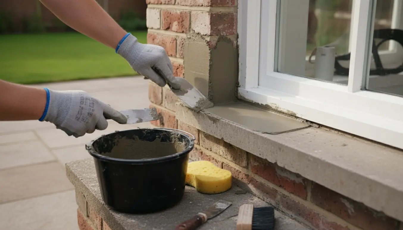 Nærbillede af revne ved mur/sålbænk, hvor frisk puds påføres med murske fra terræsiden.