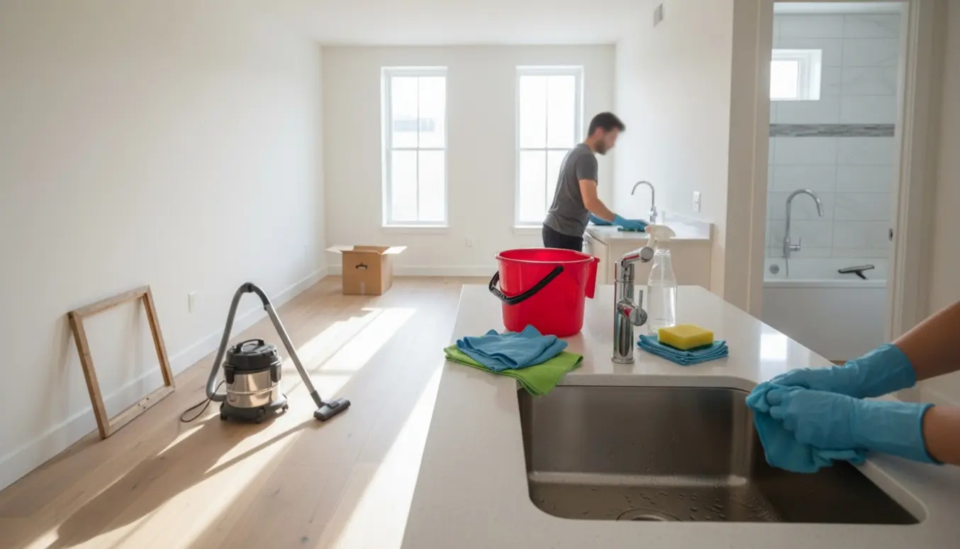 Solbeskinnet lejlighed under flytterengøring med rengøringsudstyr i fokus og en rengøringsperson set bagfra.