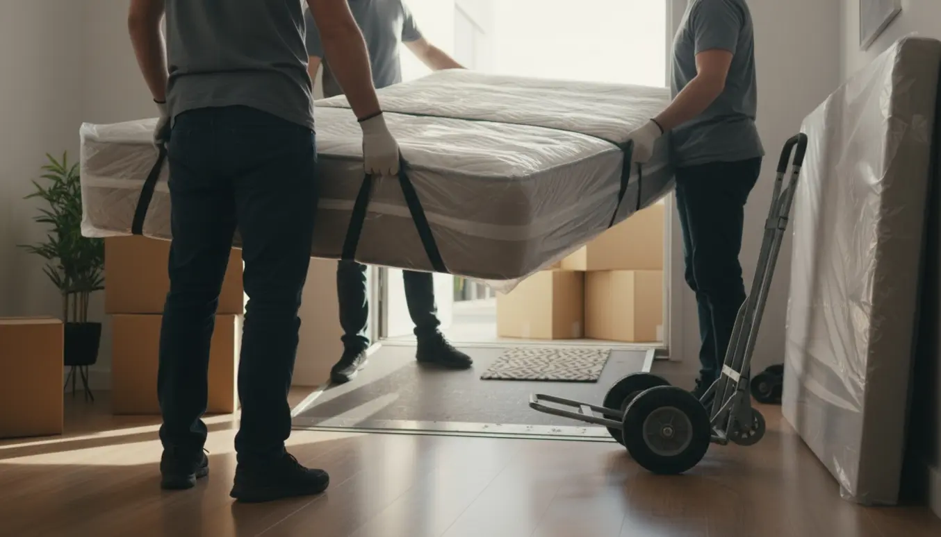 To personer bærer en indpakket seng ind i en ny lejlighed, ansigter ikke synlige.