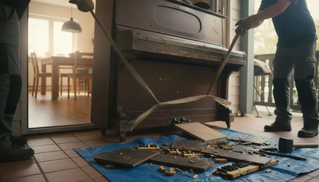 Et gammelt klaver bæres ud gennem en yderdør over et trin, klar til destruktion med værktøj og ødelagte klaverdele på en presenning.