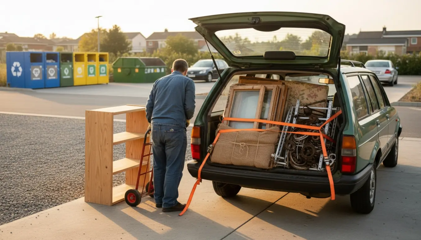 Stationcar fyldt med gammelt affald og vinduesrammer klar til aflevering på genbrugspladsen.