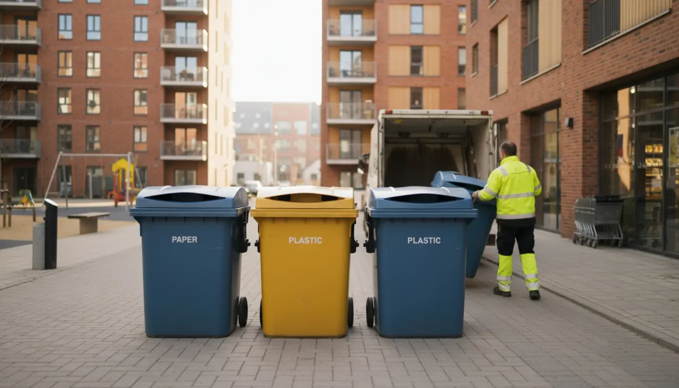 Tre farvekodede genbrugsbeholdere ved fortovet i et nyt boligkvarter, en renovationsmedarbejder tømmer en beholder.