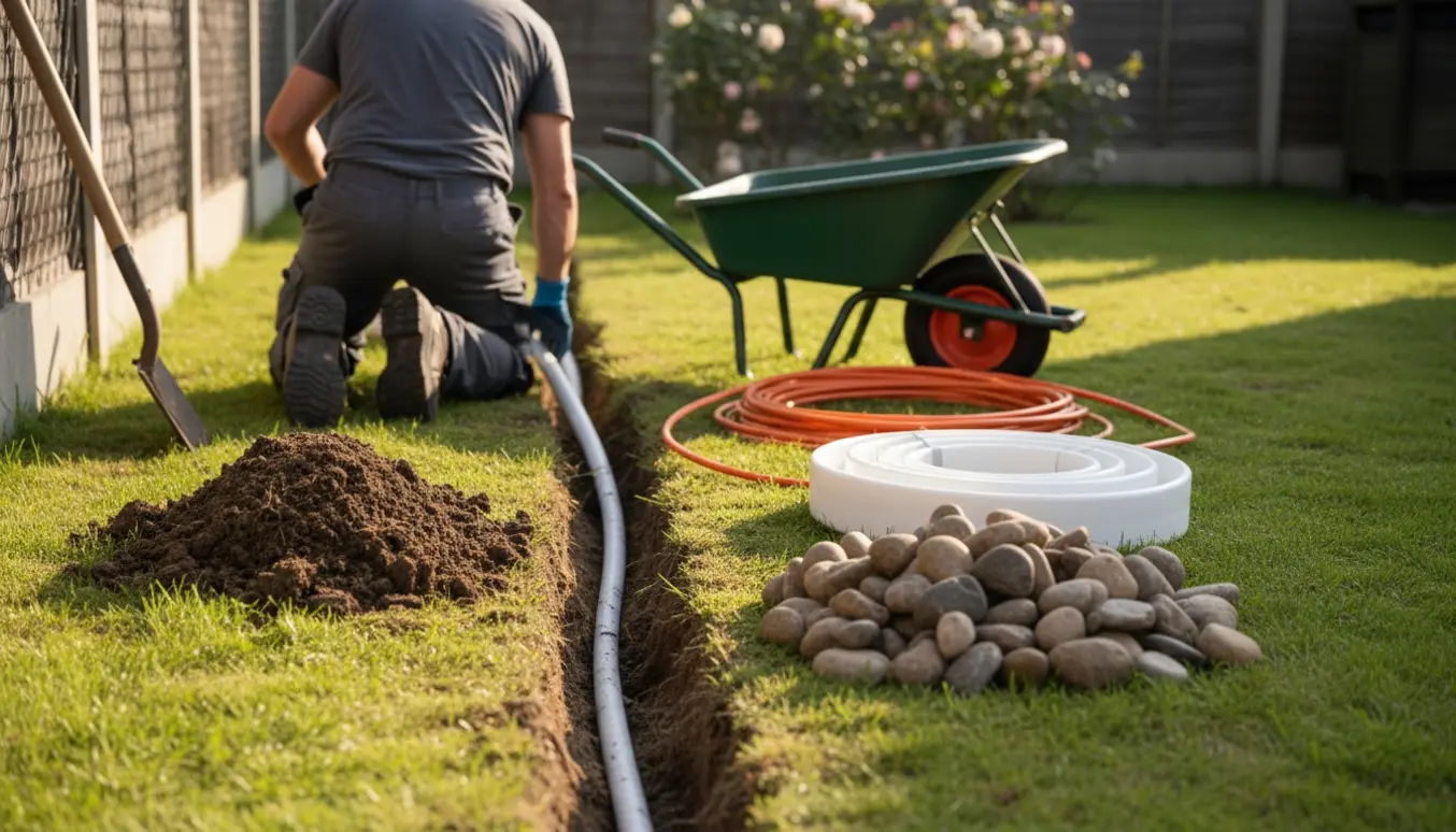 Håndgravet rende i en have til elkabel med skovl, kabelrør og en bunke sten.