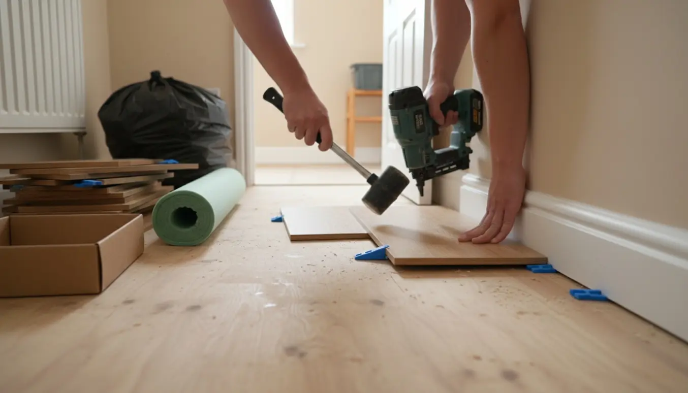 Lille soveværelse under udskiftning af klikgulv med nye egetræsplanker og hvide lister, værktøj og gamle planker klar til bortskaffelse.