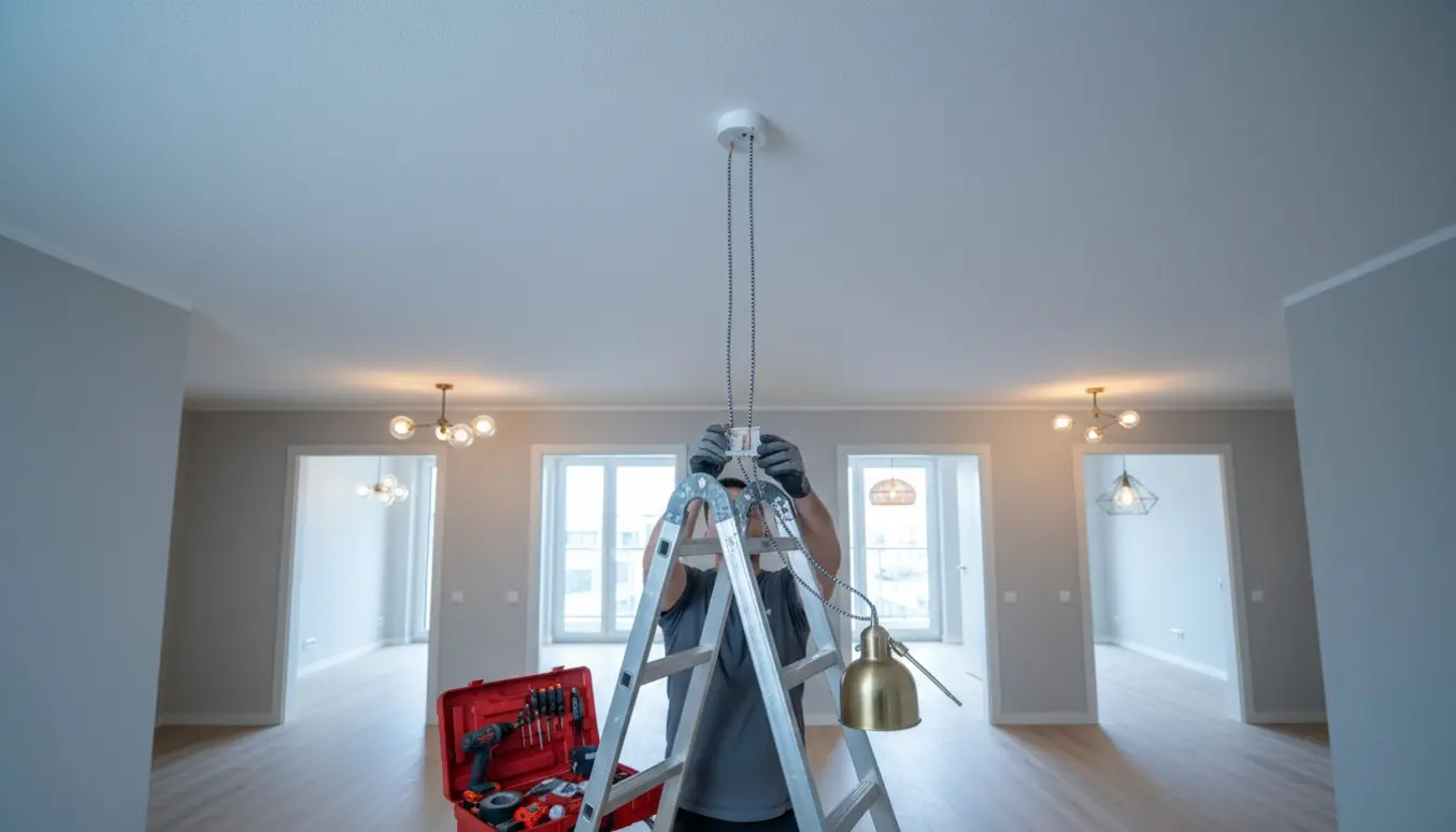Person monterer en loftslampe på en stige med fire tilstødende rum og installerede lamper i baggrunden.
