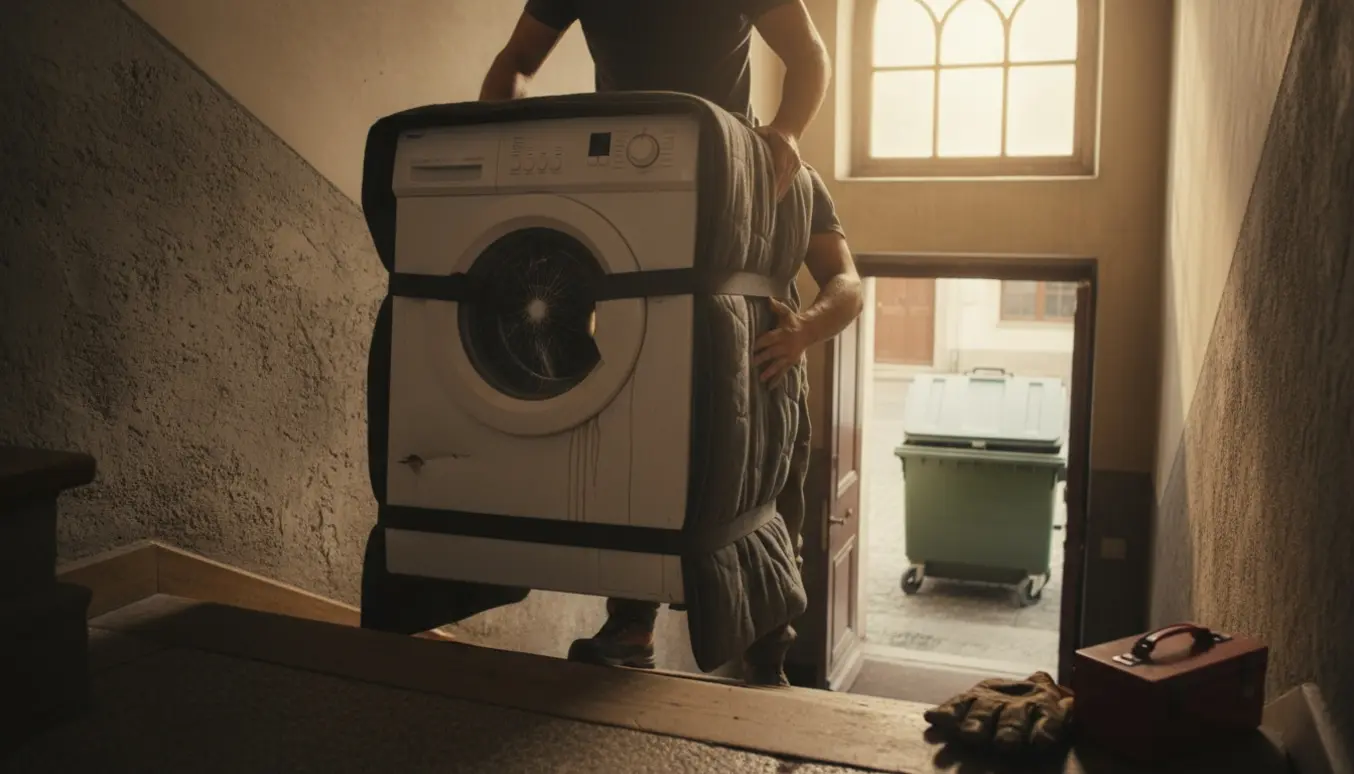 To personer bærer en defekt vaskemaskine ned ad trappen mod et åbent affaldsområde.