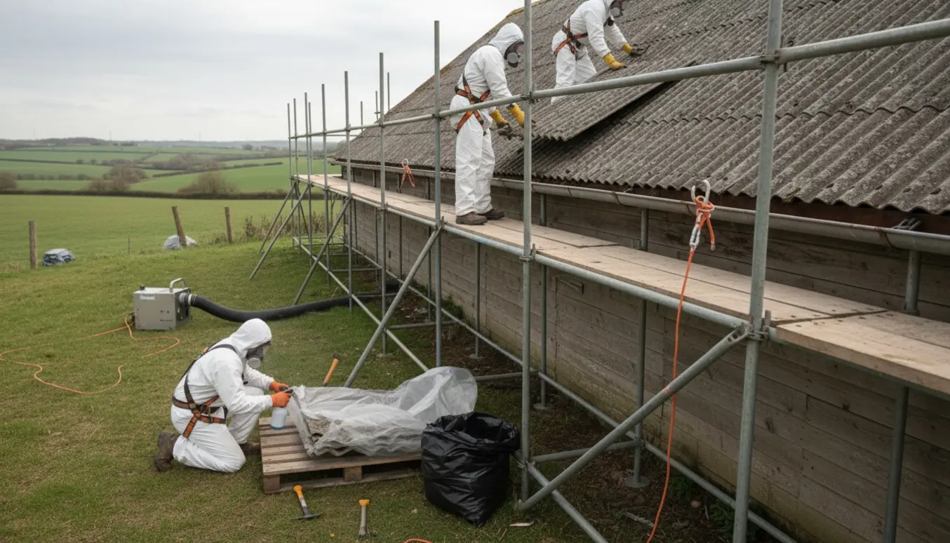 Arbejdere i beskyttelsesdragt fjerner og indpakker asbesttagplader fra et langt udhus med bukkestillads i åbent landskab.