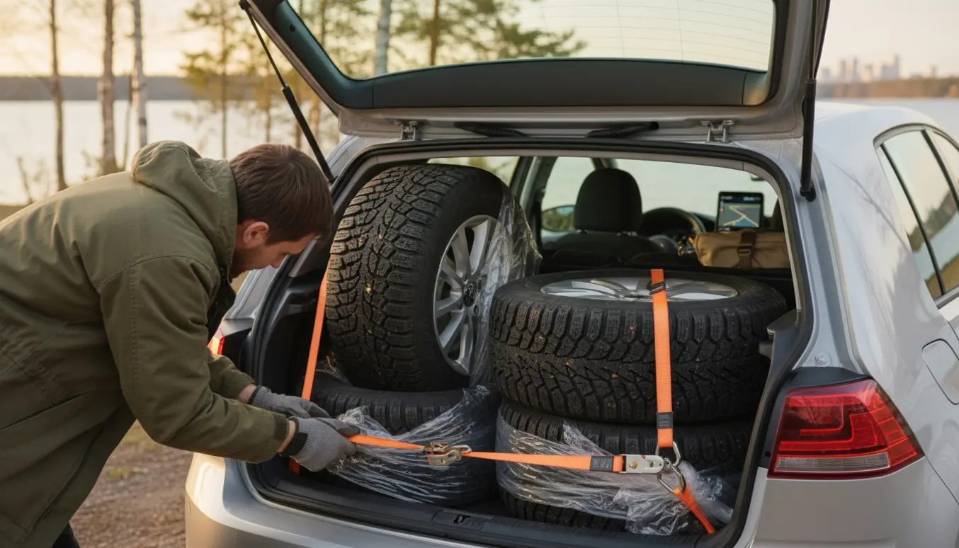 Åben bilbagagerum ved en sø med fire vinterdæk stablet klar til transport mod byen.