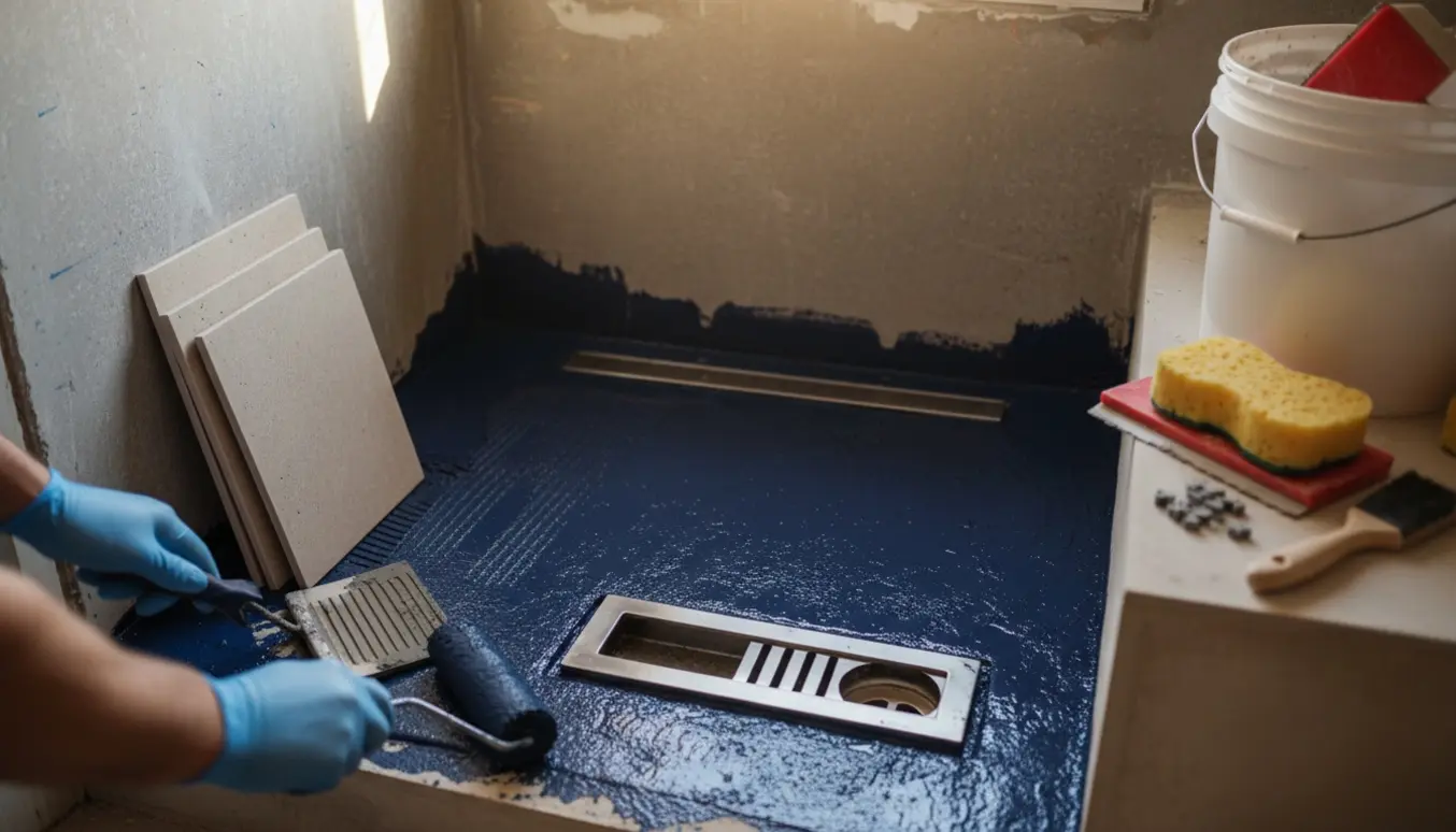 Hånd i handske ruller vådrumsmembran i en lille bruseniche med nye fliser og afløgsrist klar.