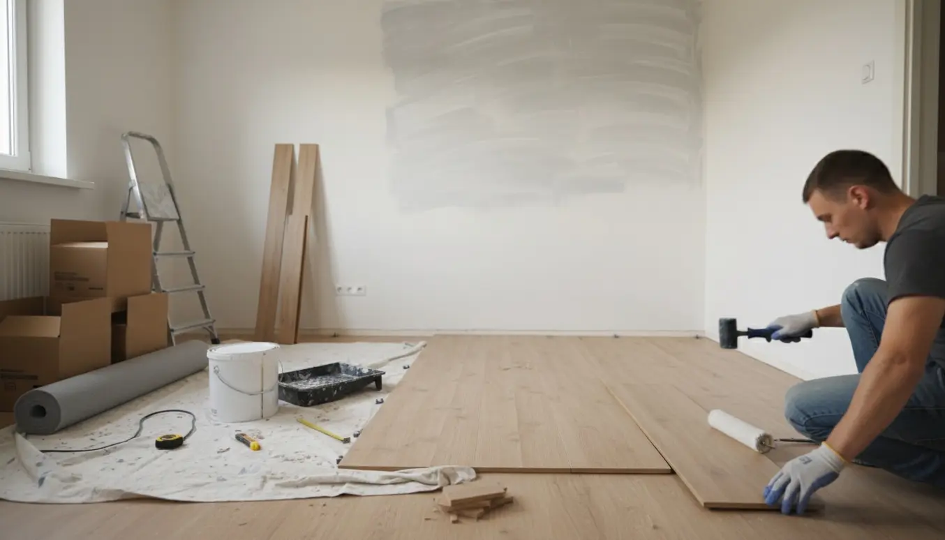 Tomt kvadratisk værelse under renovering med nyhvidmalede vægge og lyst klikgulv under montage.