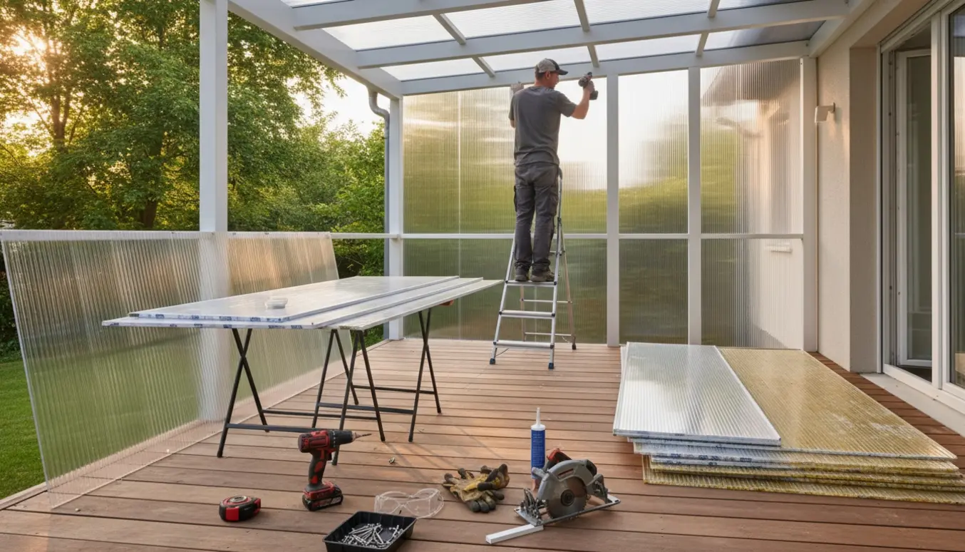 En håndværker set bagfra skifter plastiktag på en overdækket terrasse med nye plader og værktøj i forgrunden.