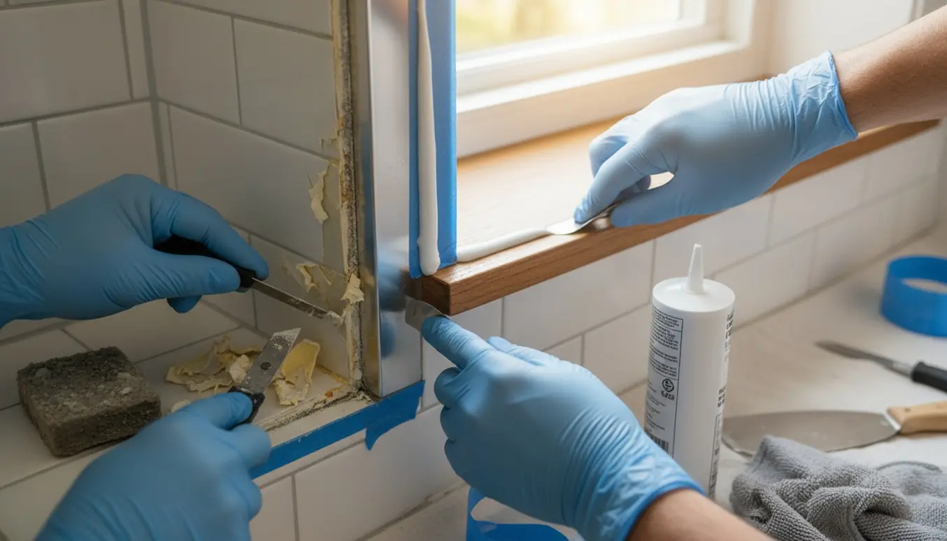 Hænder fjerner gammel fuge og påfører ny silicone i brusekabine og i vindueskarmens hjørner.