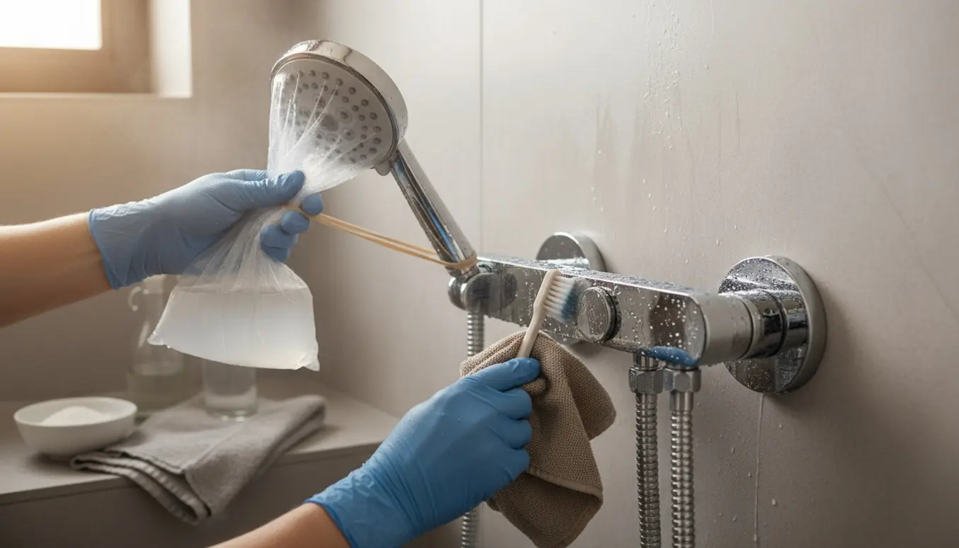 Nærbillede af afkalkning af et moderne krom brusesystem med håndbruser indpakket i eddike, handske og rengøringsredskaber.