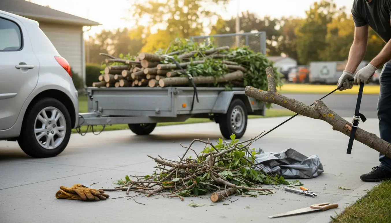En trailer læsses med afklippede grene i indkørslen, klar til kørsel til genbrugspladsen.