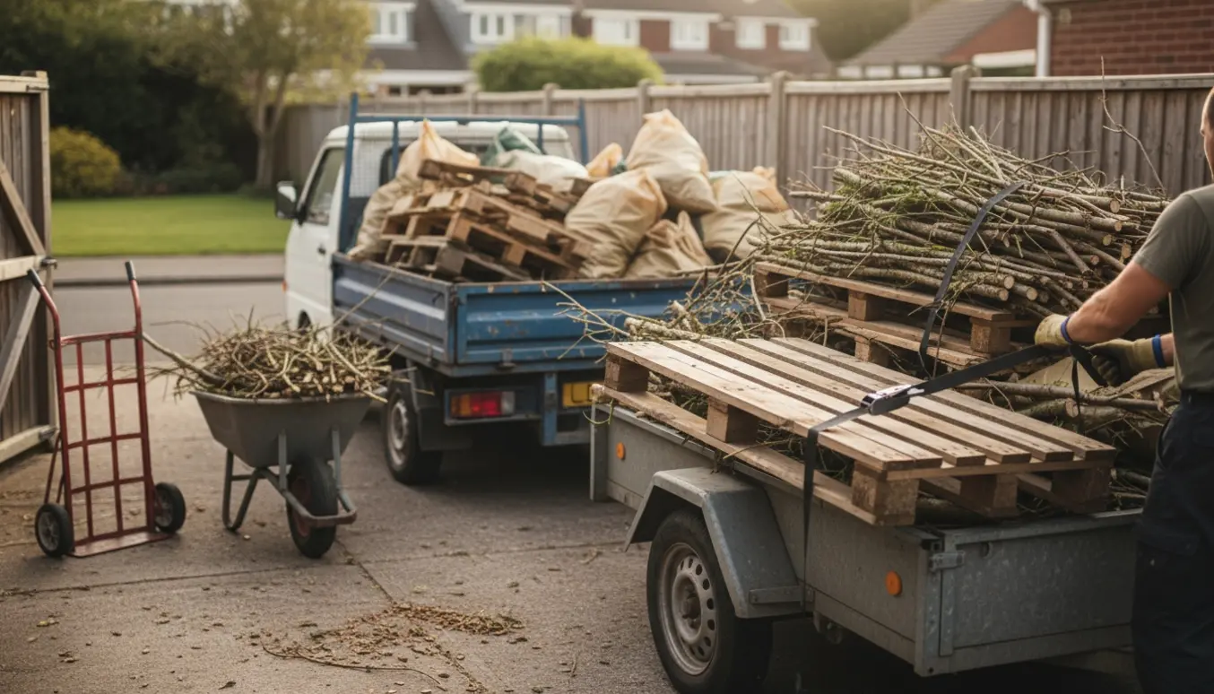 Haveaffald med træpaller, grene og poser læsset på en trailer i en villahave.