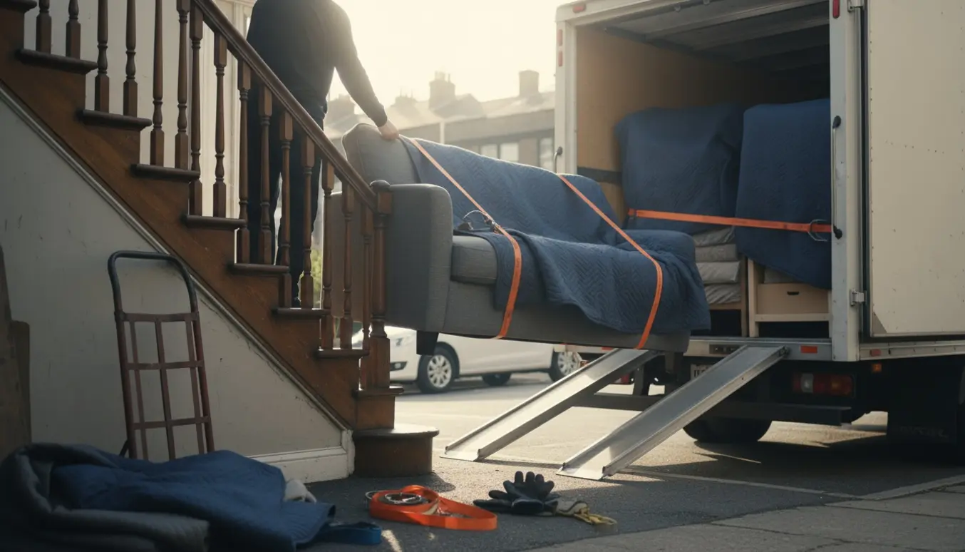 En sofa bæres ned ad en opgang og læsses i en flyttebil.
