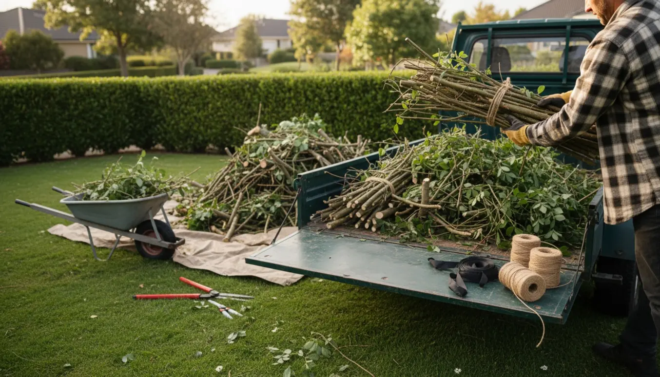 Arbejdshænder læsser en bunke afskårne grene i en trailer i en solrig villahave.