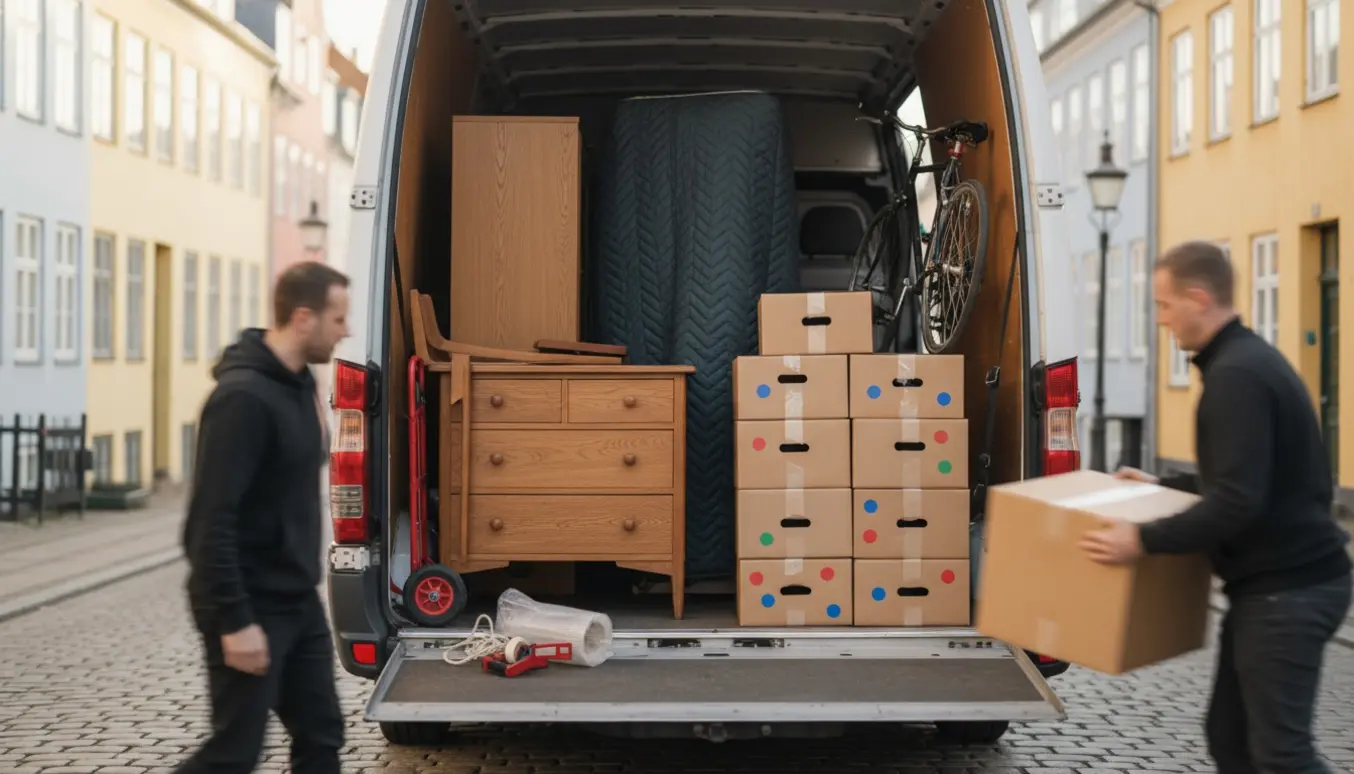Åben flyttevogn på en københavnsk gade med kommode, spisebord, ti flyttekasser, cykel og et indpakket skab under læsning.