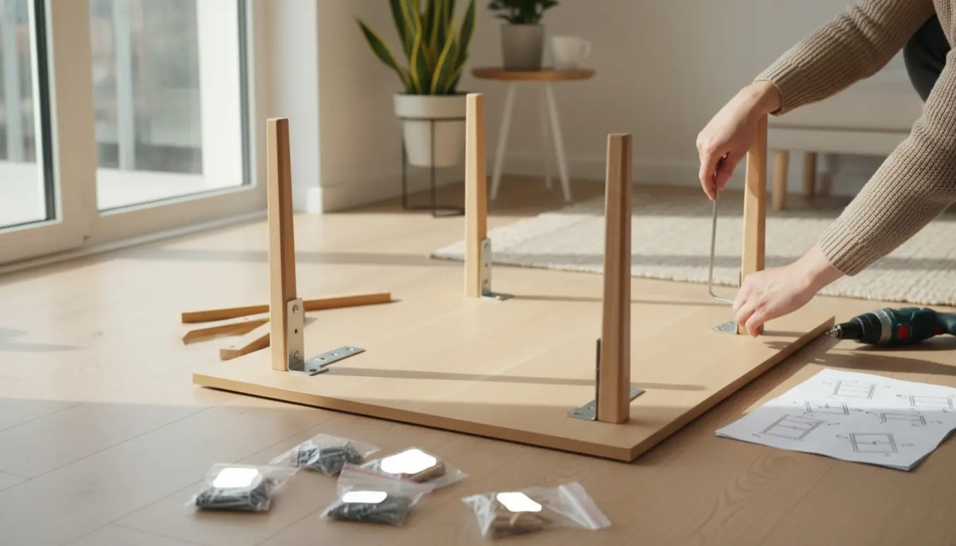 Nærbillede af montering af et nyligt leveret bord i en lys stue med bordben, værktøj og hænder i fokus.