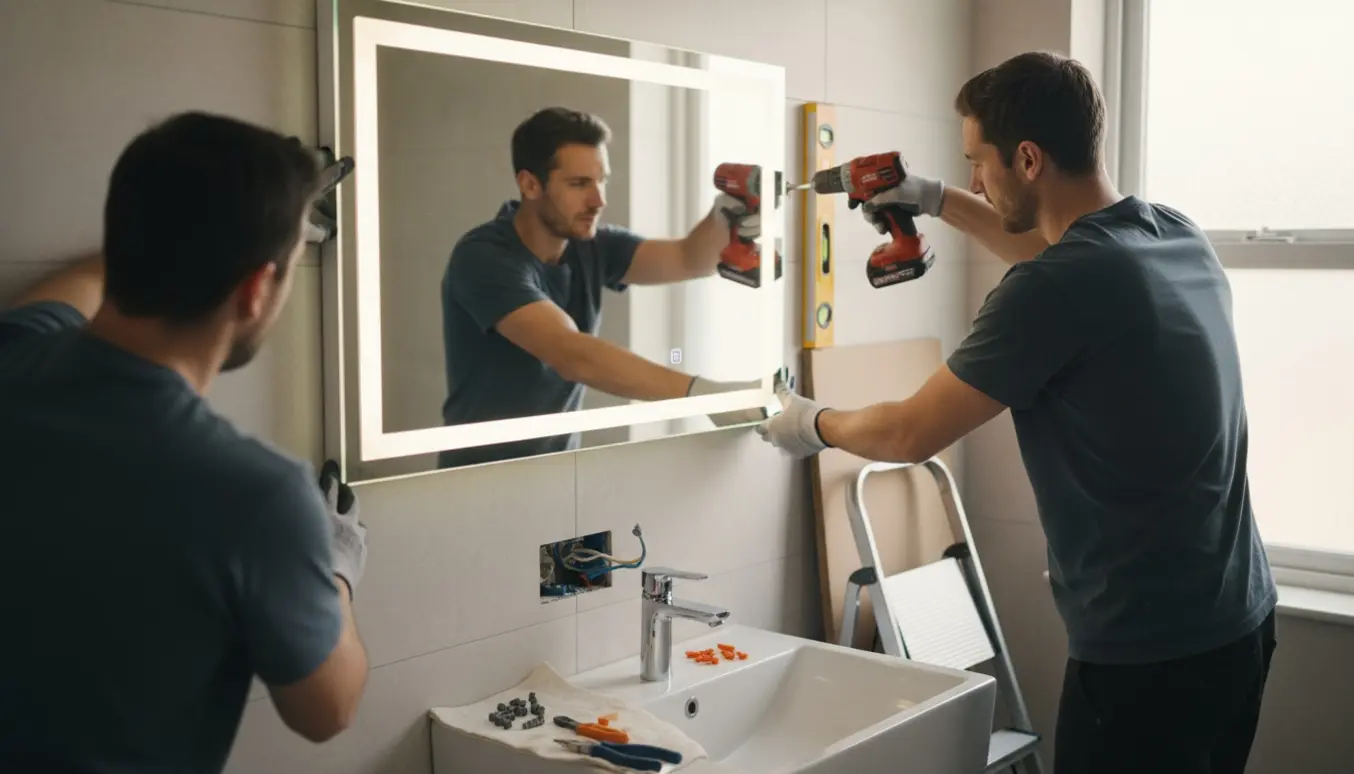 Håndværkere monterer et nyt hvidt spejl med integreret belysning over et badeværelsevask, med værktøj og åben elinstallation synlig.