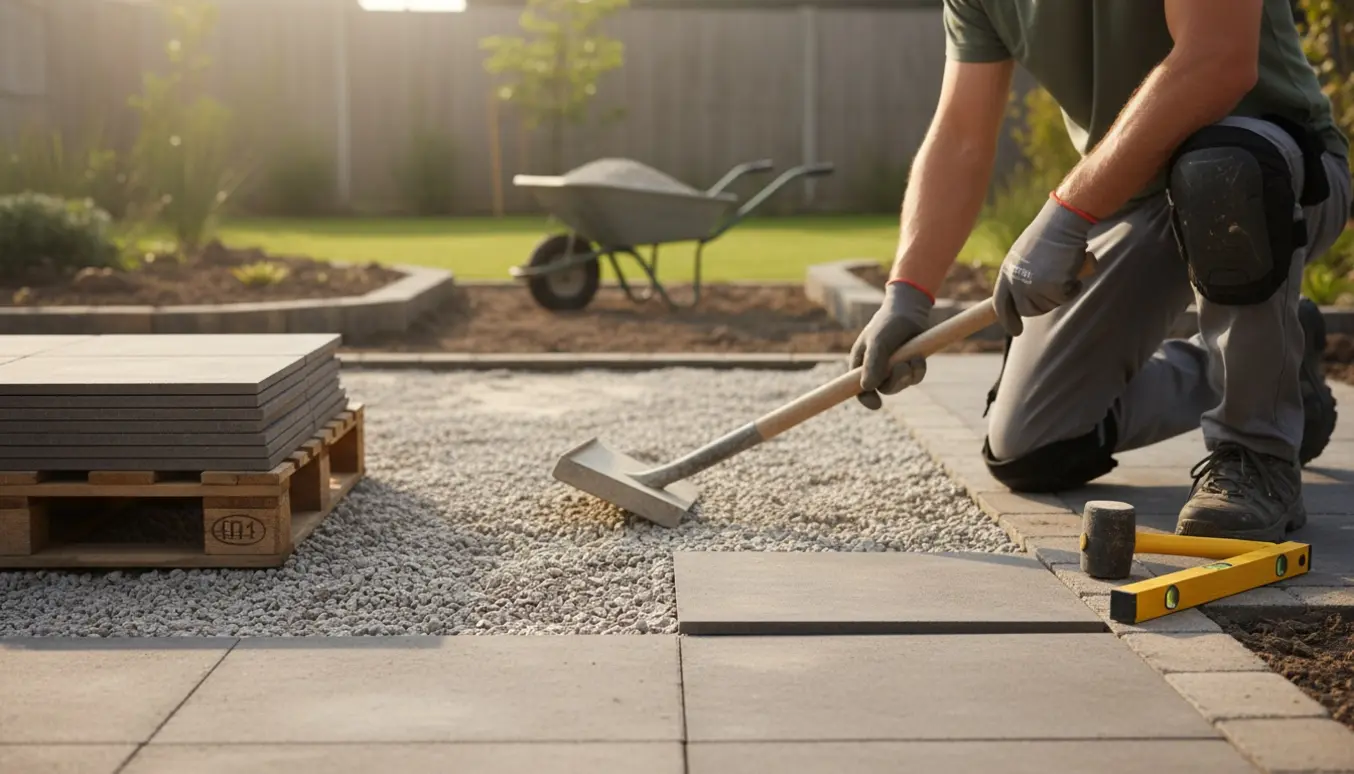 Nærbillede af hænder, der skubber granitskærver tilbage og lægger firkantede fliser i en lille baghave.