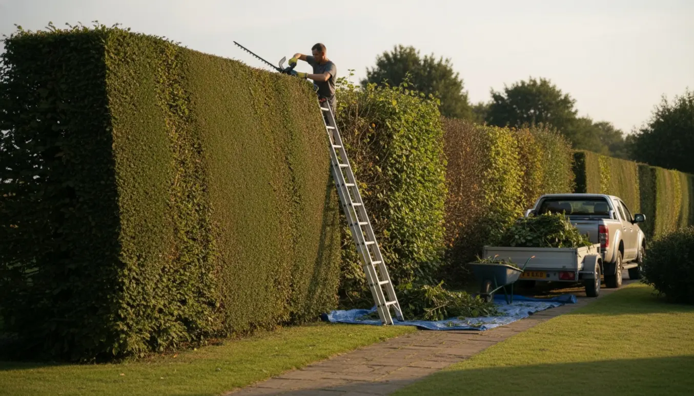 Lang hæk på ca. 35 meter bliver klippet på siden og i toppen, mens afklip køres væk i en trailer.