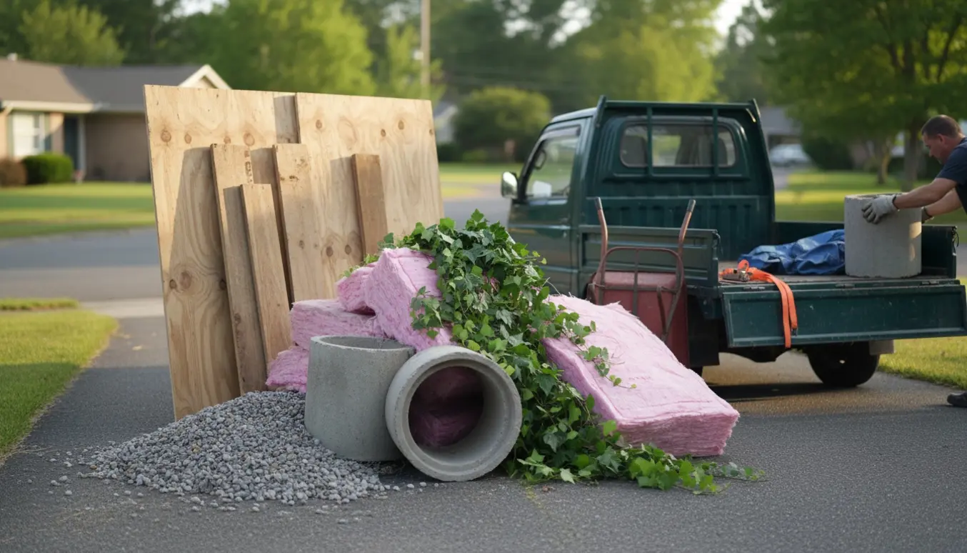 Blandet byggeaffald ved indkørsel — sten, betonrør, brædder, rockwool, masonitplader og efeu klar til afhentning.