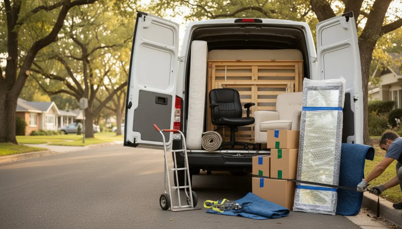 Åben flyttebil med seng, kontorstol, lænestol, gulvtæppe, indpakket spejl og flyttekasser klar til transport.