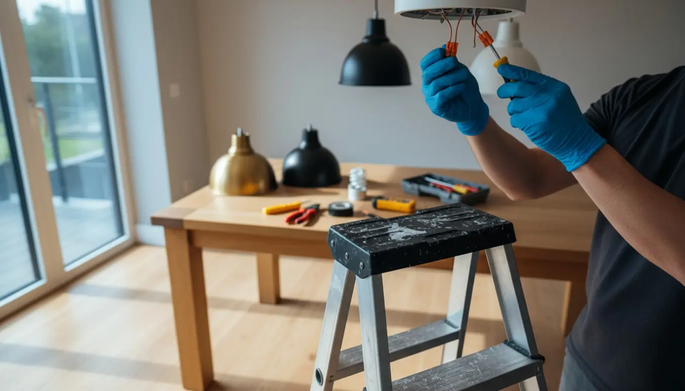 Elektriker arbejder på at forbinde ledninger og ophænge pendellamper i en lys lejlighed.
