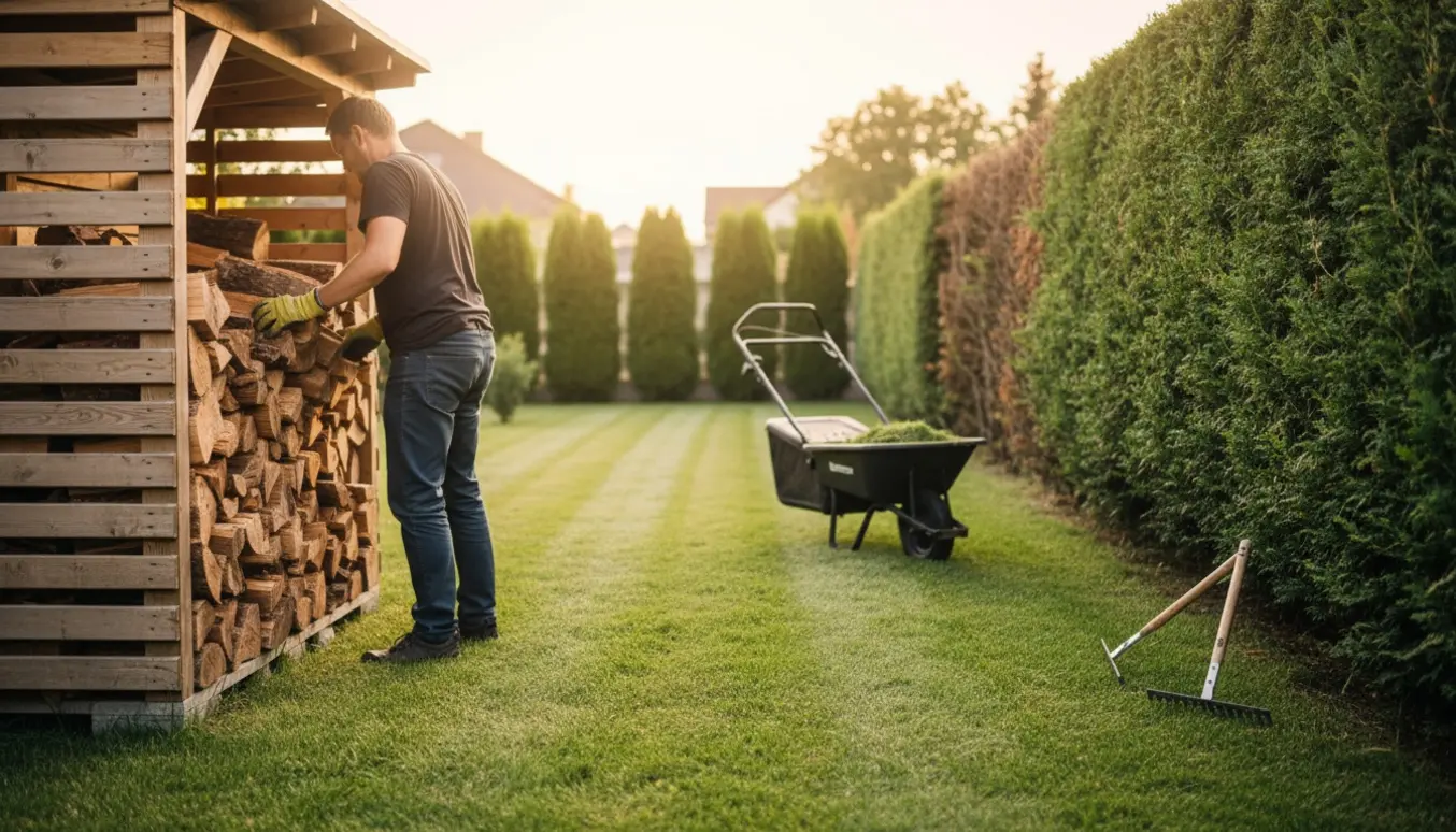Person set bagfra stabler kløvet brænde i et brændeskur ved en nyslået græsplæne og nyklippet hæk.