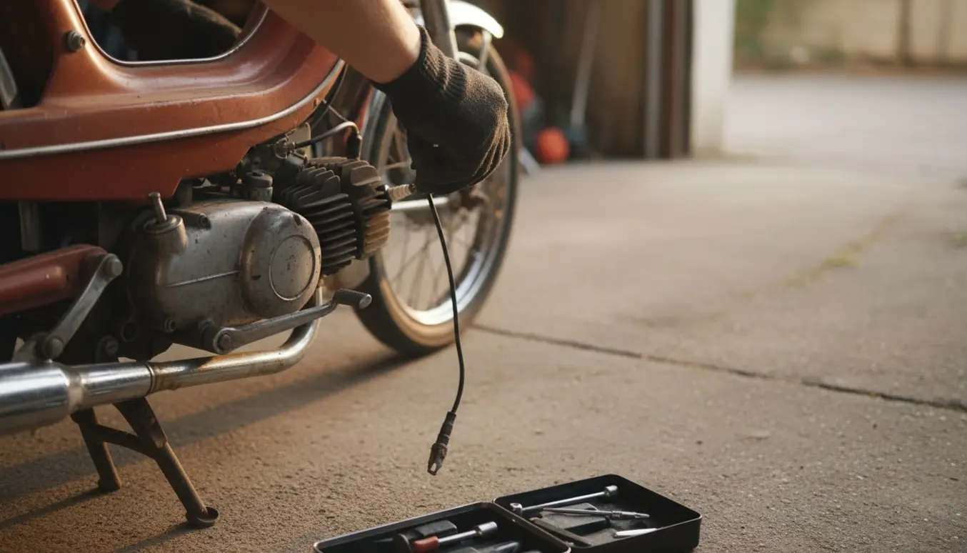 Nærbillede af hænder, der sætter tændrørshætte på en knallertmotor med kickstarter klar.